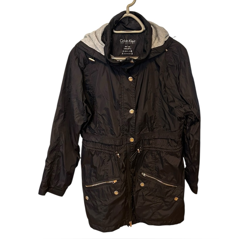 Calvin Klein Women’s Lined Black Jacket Trench Coat Removable Hood Large